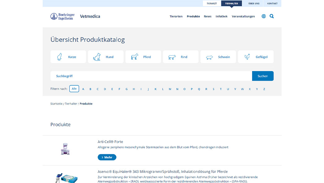 Referenz: Boehringer Ingelheim Vetmedica, Website Screenshot (Produktkatalog)