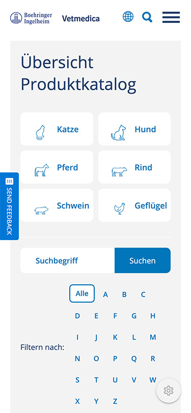 Referenz: Boehringer Ingelheim Vetmedica GmBH, mobiler Website Screenshot (Produktkatalog)