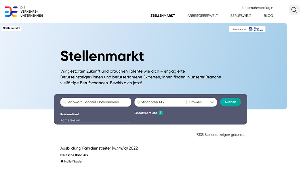 Referenz: Verband deutschter Verkehrsunternehmen, Website Screenshot des Stellenmarktes