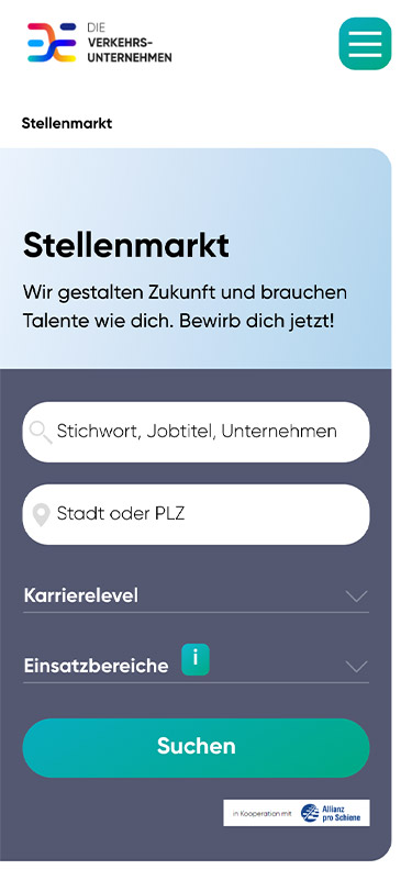 Referenz: Verband deutschter Verkehrsunternehmen, mobiler Website Screenshot des Stellenmarktes